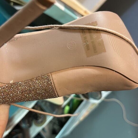 Size 10 Custom Taupe Champagne Charlotte Russe Glitter Ankle Wrap Stilettos - Picture 6 of 7